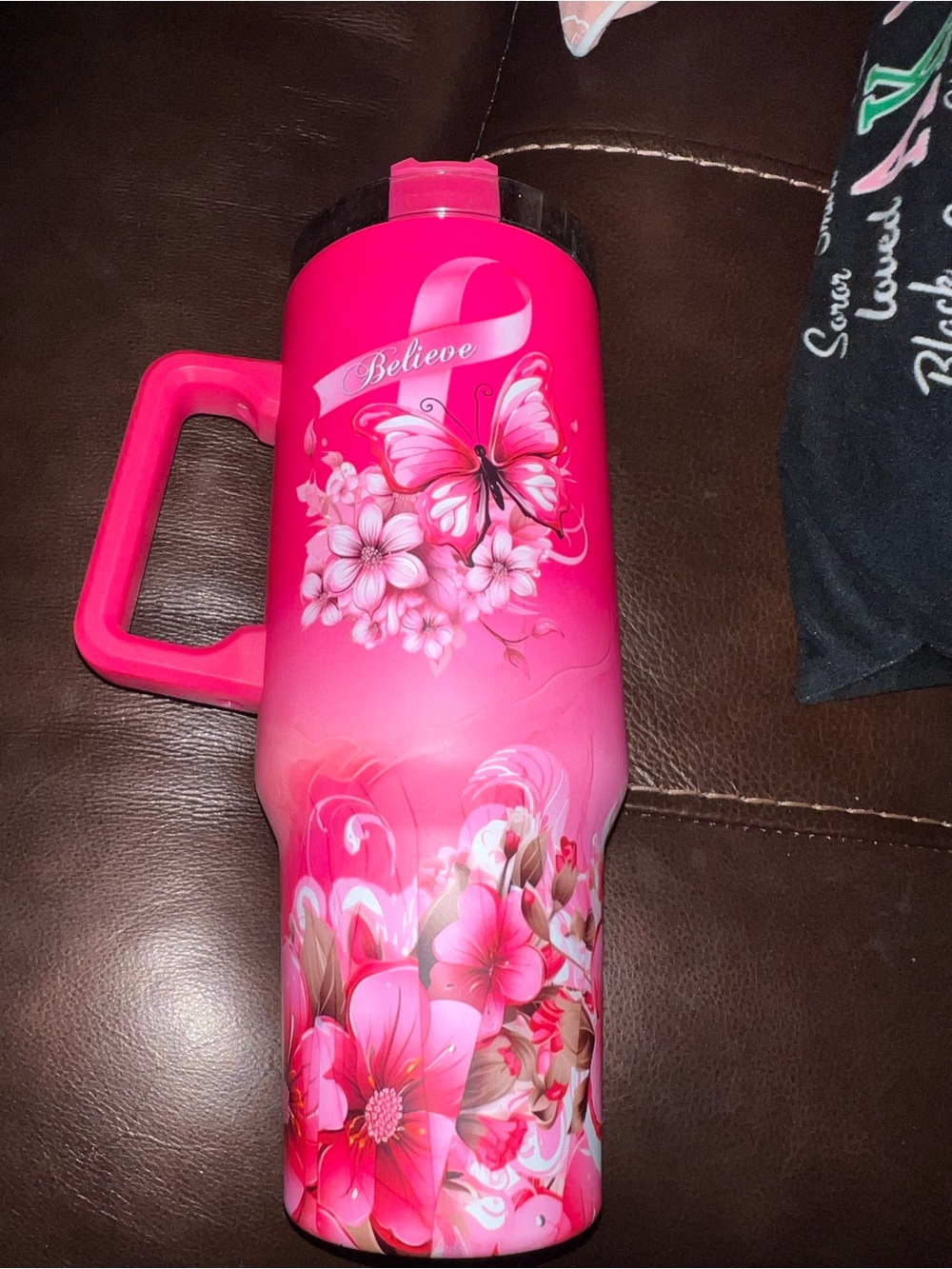 Bright Pink Floral Butterfly Travel Mug with Handle